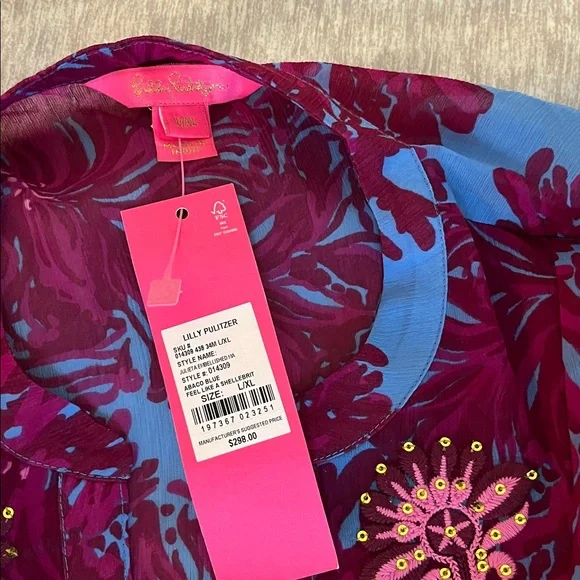 Lilly Pulitzer embroidered kaftan Burgundy/ blue size L/XL , full nude slip nwt - Picture 6 of 11